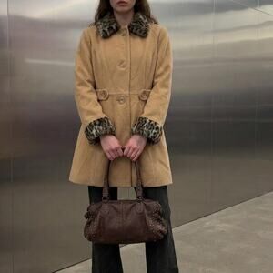 Vintage Leopard Fur Collar Pea Coat Mob Wife Indie Sleaze Grunge Y2K